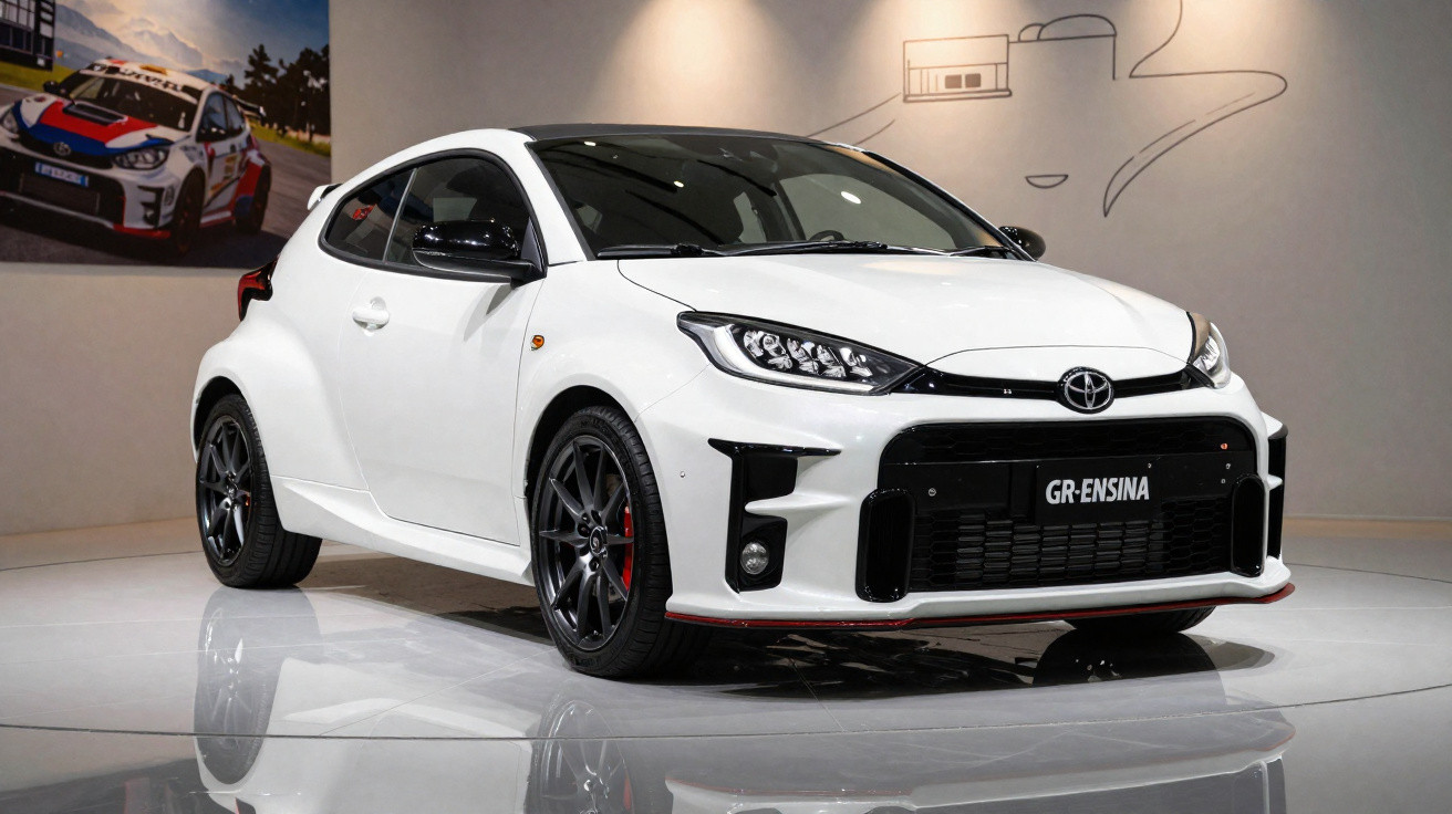 Carro esportivo branco Toyota GR Yaris exposto em ambiente interno com chão refletivo.