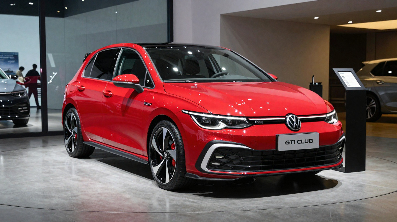 Carro esportivo vermelho Volkswagen GTI Club exposto em showroom moderno.