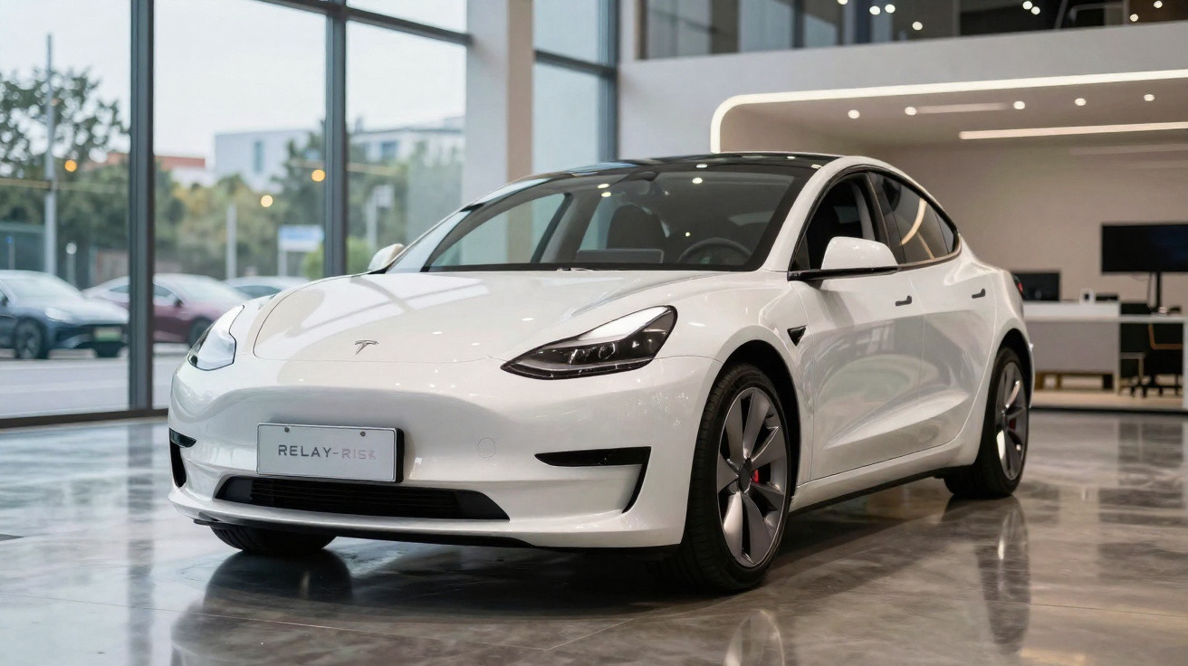 Carro elétrico branco Tesla Model 3 estacionado dentro de uma concessionária com piso brilhante.