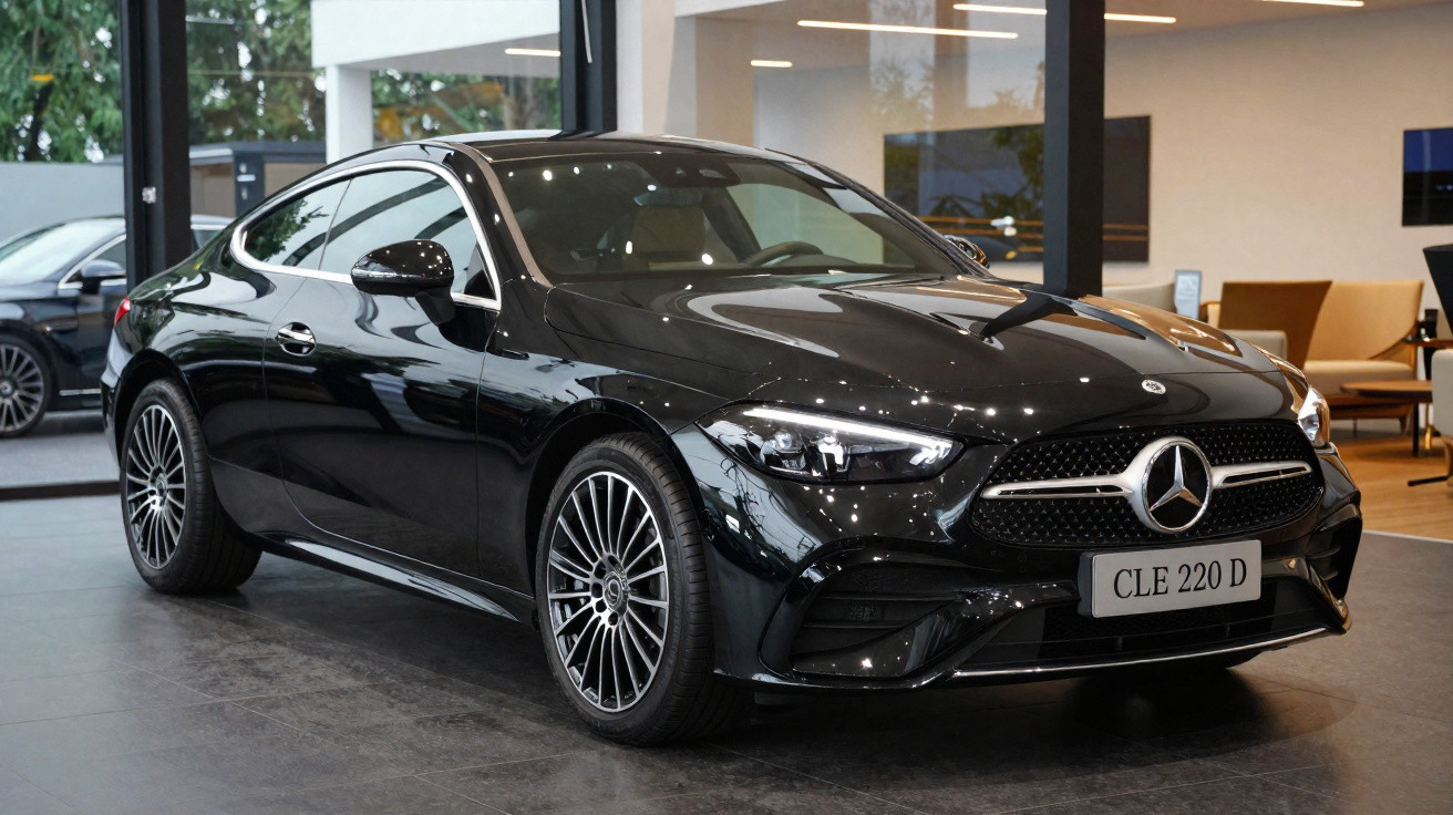 Carro Mercedes-Benz preto modelo CLE 220 D em exposição dentro de showroom moderno.