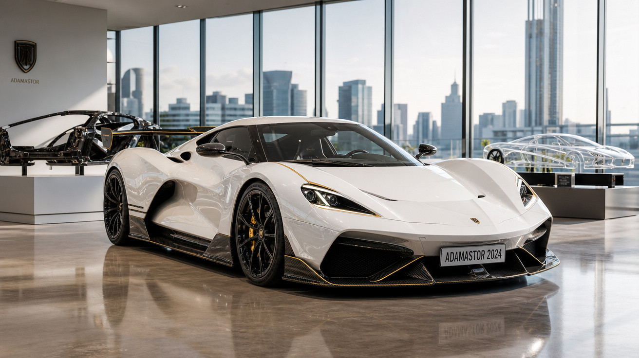 Carro esportivo branco Adamastor 2024 exibido em showroom moderno com vista panorâmica da cidade.