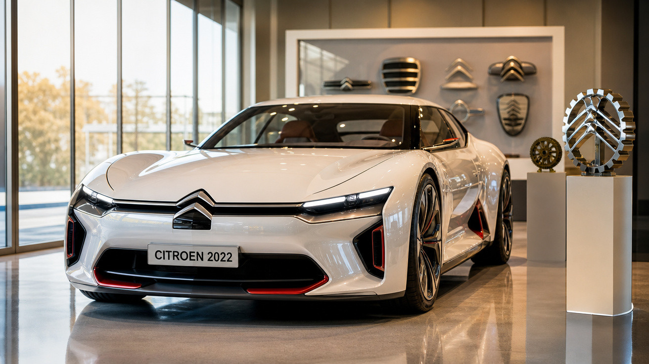 Carro esportivo branco Citroën 2022 em exposição, com design moderno e em ambiente fechado.