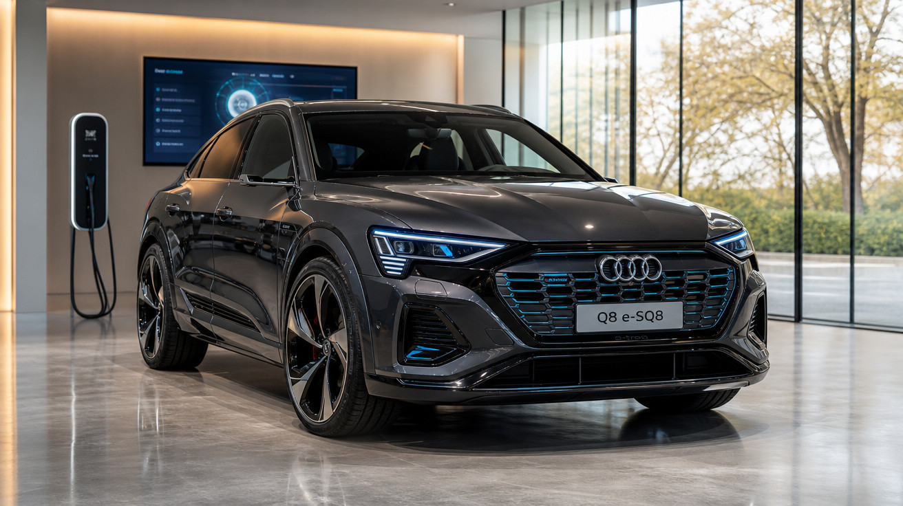 Audi Q8 e-SQ8 preto elétrico exibido em showroom moderno com carregador ao fundo.