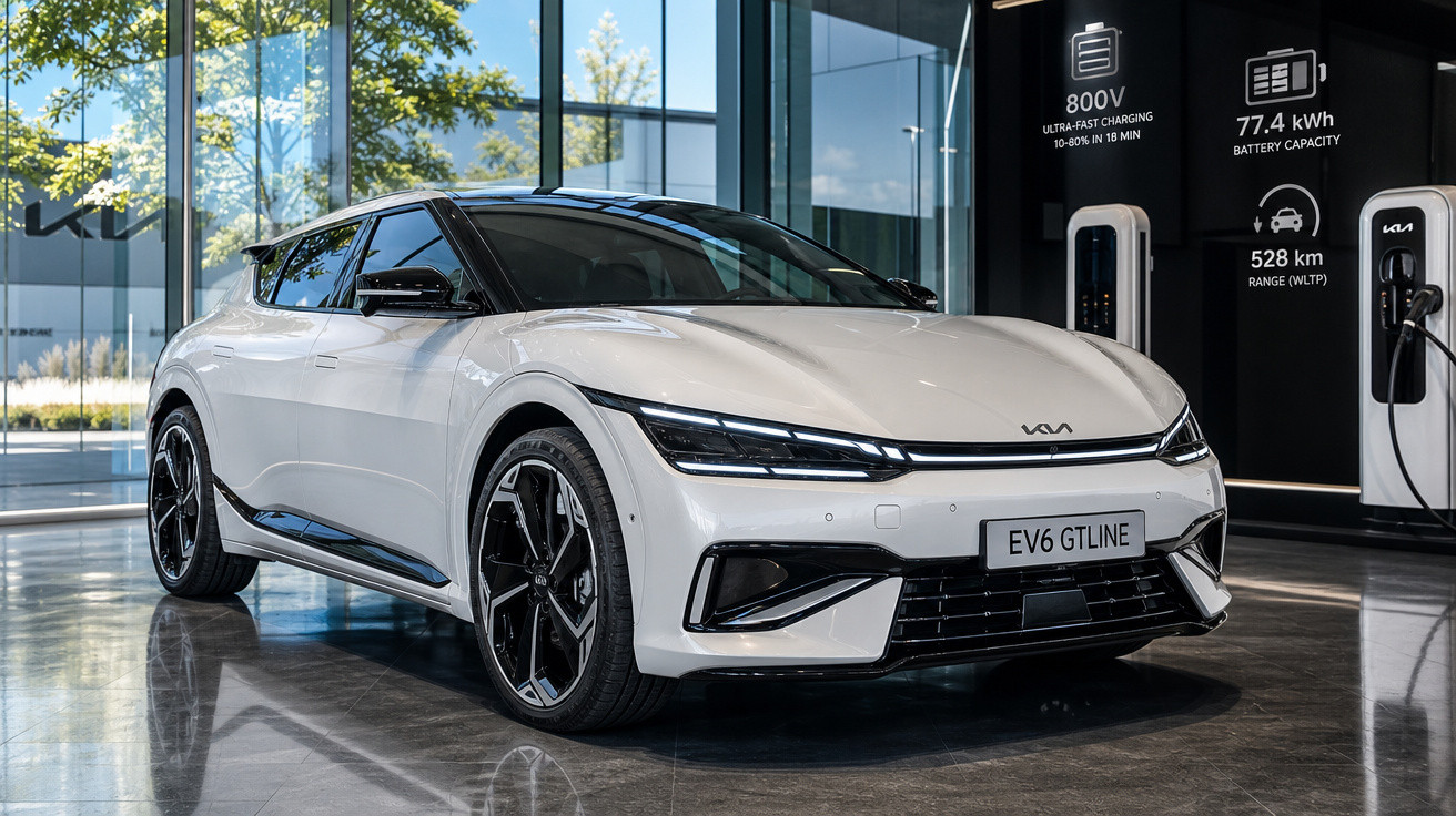 Carro elétrico branco Kia EV6 GT Line em showroom moderno com informações de bateria e carregamento ao fundo.