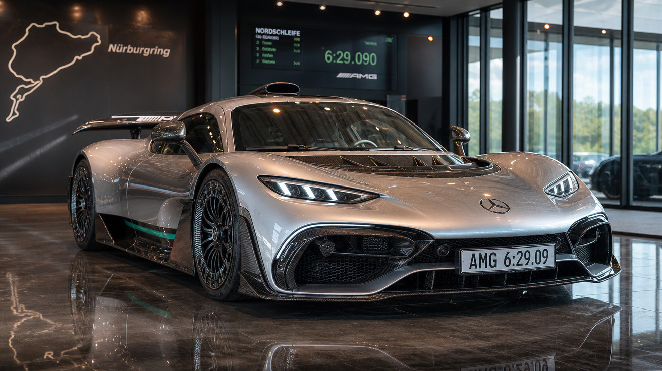 Carro esportivo Mercedes-AMG prata estacionado em showroom com placa AMG 6:29.09 e mapa do Nürburgring na parede.