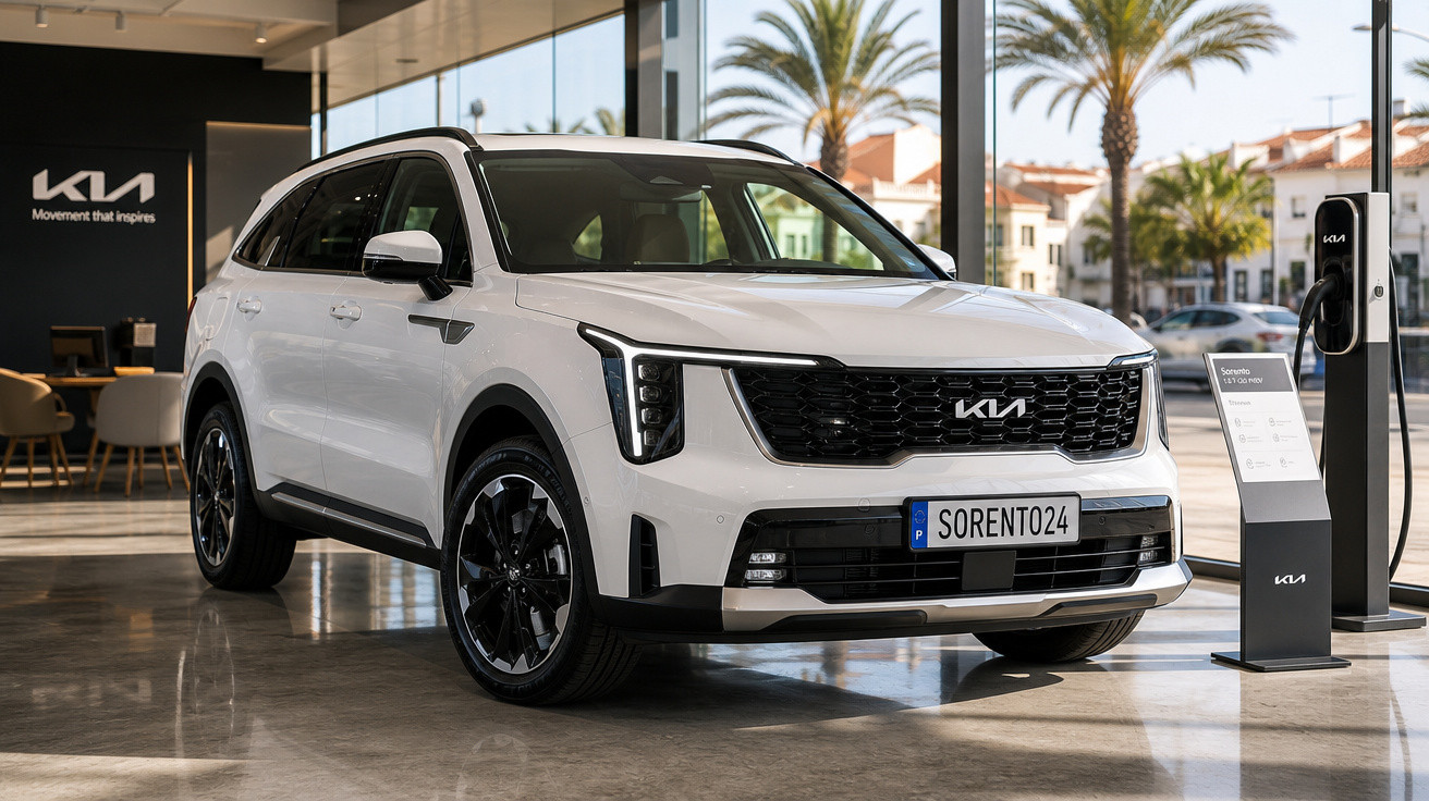 SUV Kia Sorento branco exibido em showroom moderno com piso brilhante e placa personalizada.