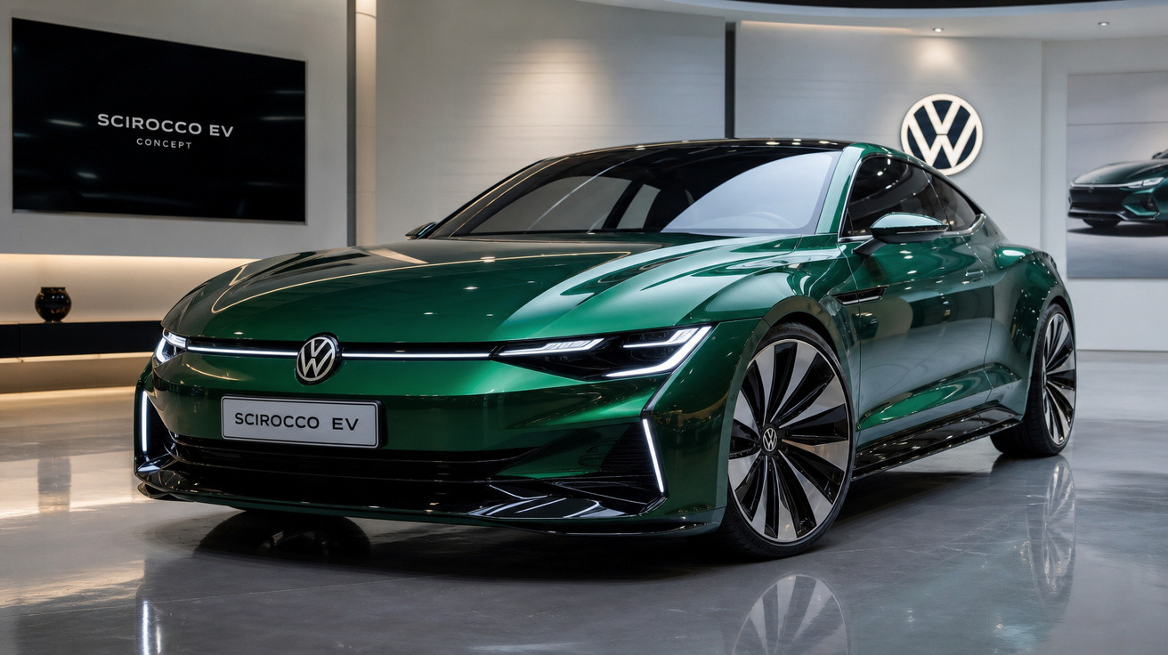 Carro elétrico Volkswagen Scirocco EV verde museu moderno refletindo luz ambiente interna.