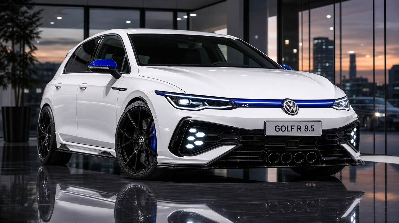 Carro Volkswagen Golf R 8.5 branco com detalhes azuis estacionado em ambiente interno moderno ao pôr do sol.