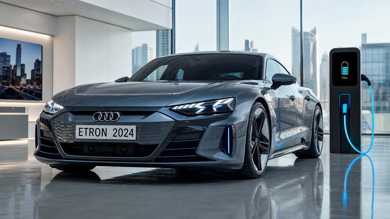 Carro elétrico Audi e-tron 2024 cinza carregando em estação interna moderna.