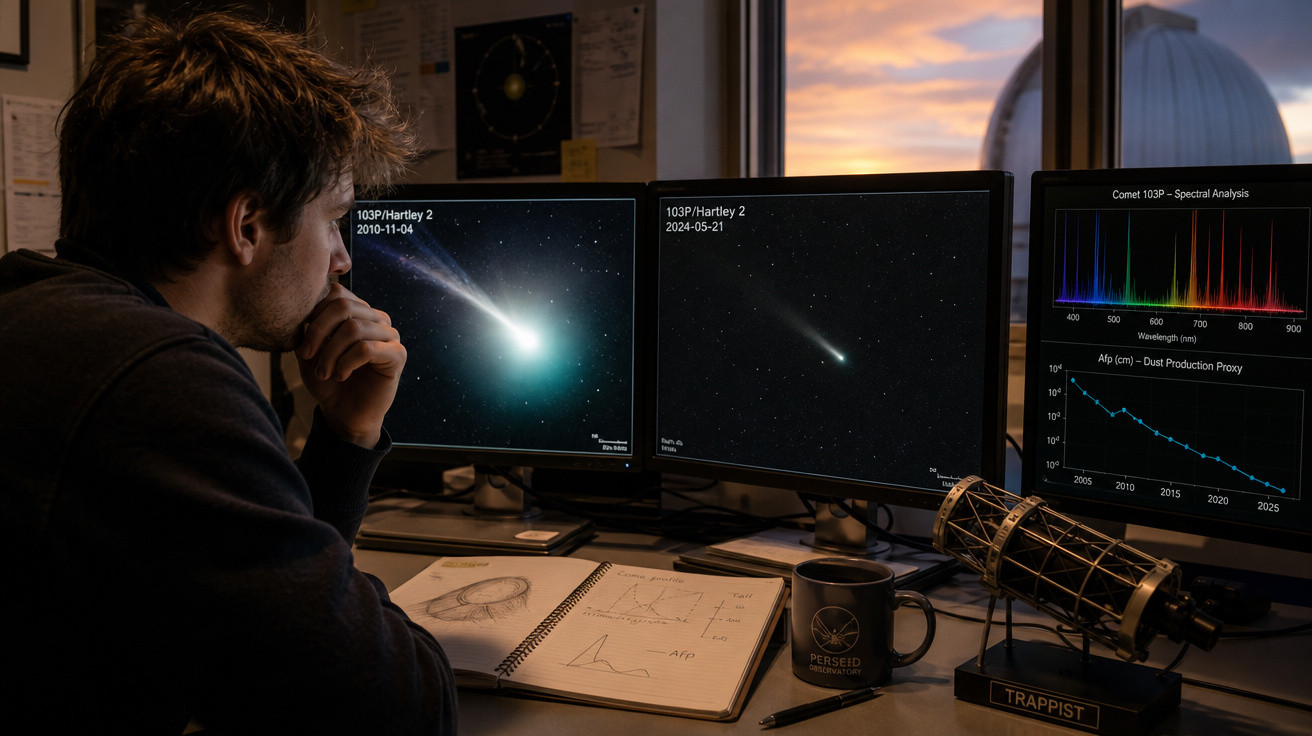 Homem observa imagens de cometa em três monitores com gráficos e anotações em escritório à noite.