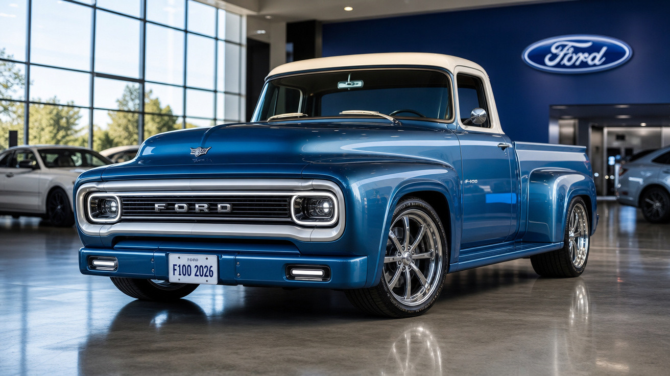 Caminhonete Ford F-100 azul clássica com teto branco exibida em showroom moderno.