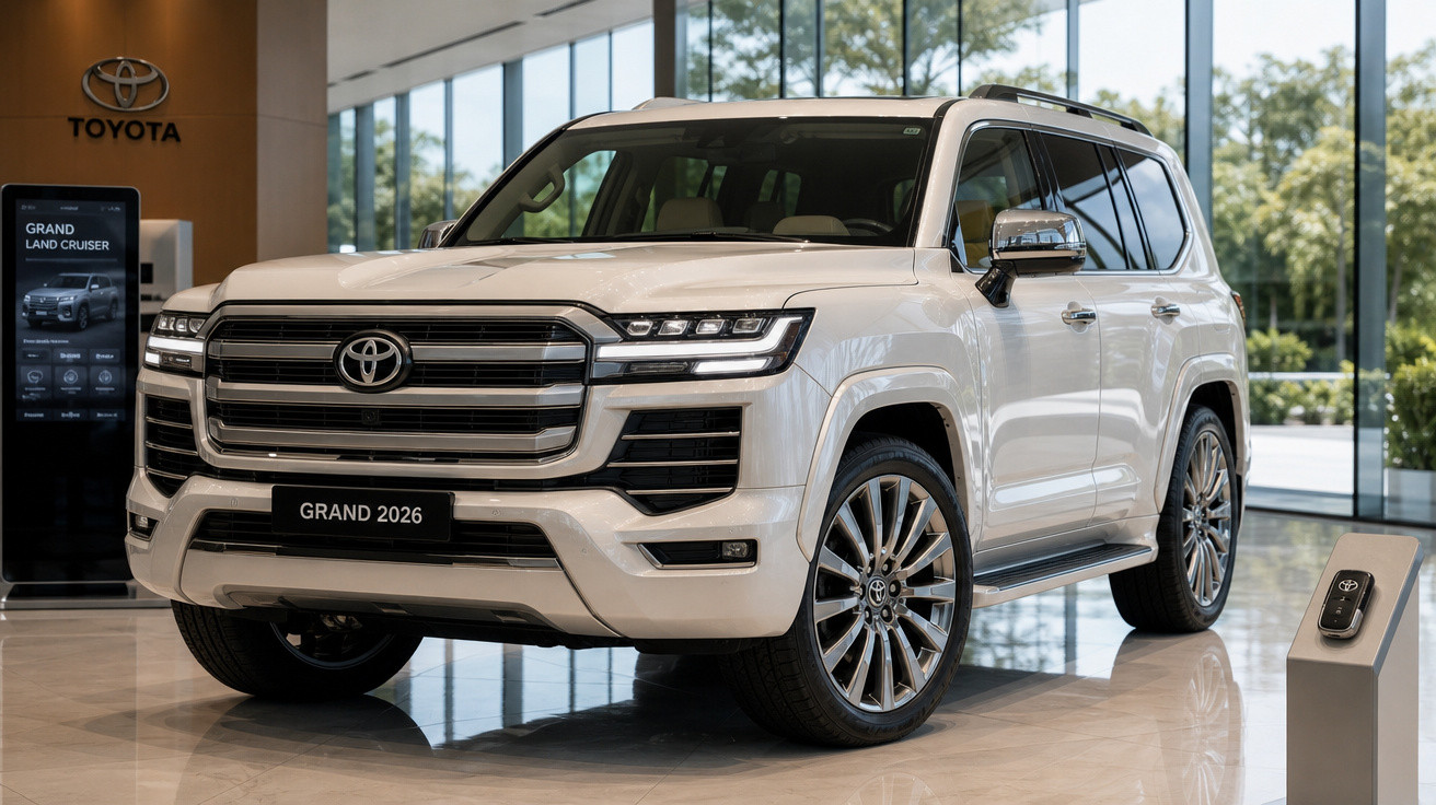 Toyota Grand Land Cruiser 2026 branco exposto em showroom moderno com janelas grandes e iluminação natural.
