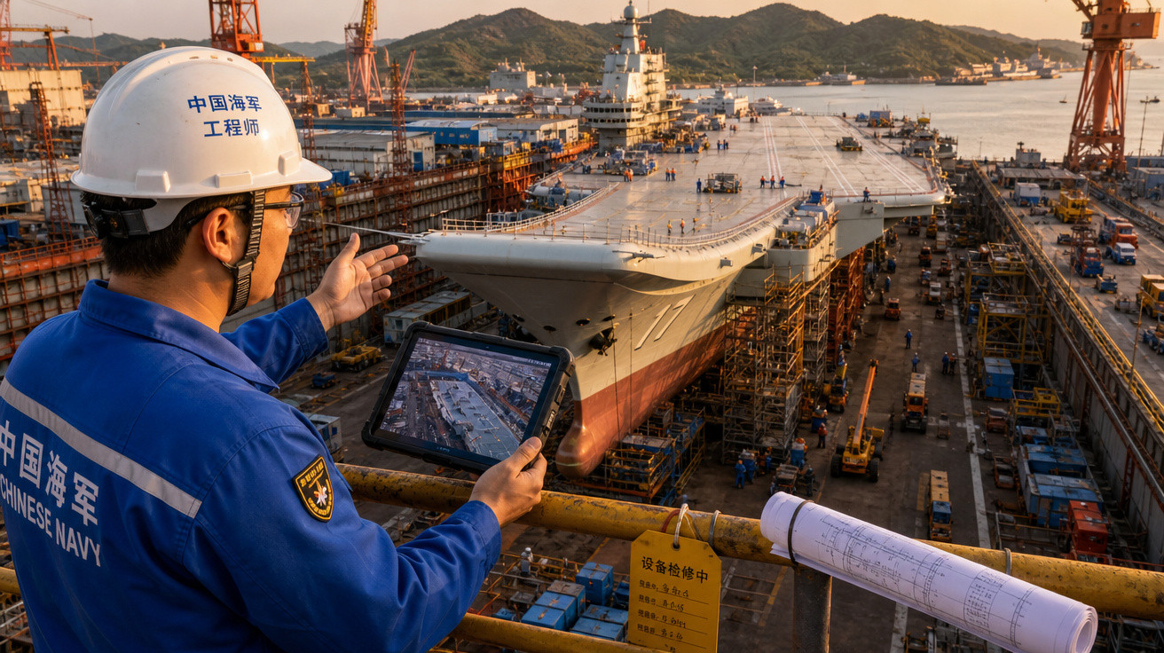 Engenheiro da Marinha chinesa com capacete inspeciona porta-aviões em construção no estaleiro naval.