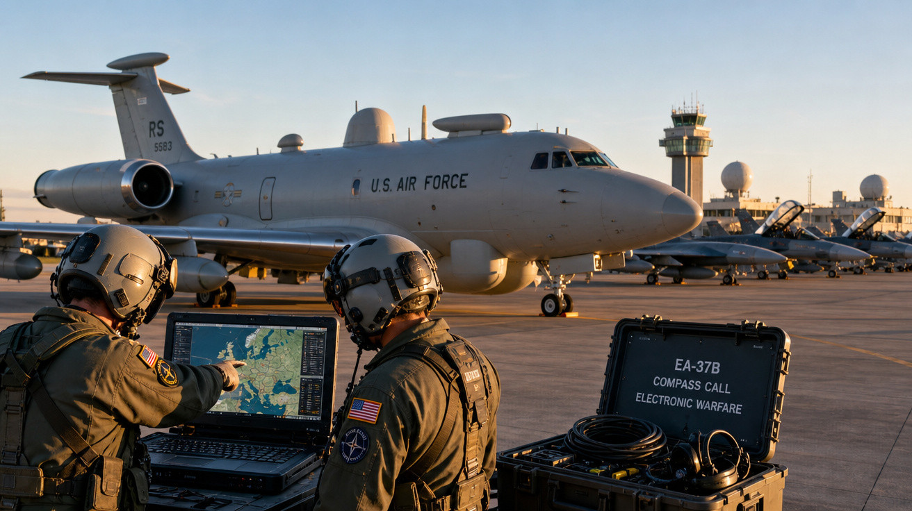 Dois militares da U.S. Air Force operam equipamento eletrônico com avião e jatos militares ao fundo no aeroporto.