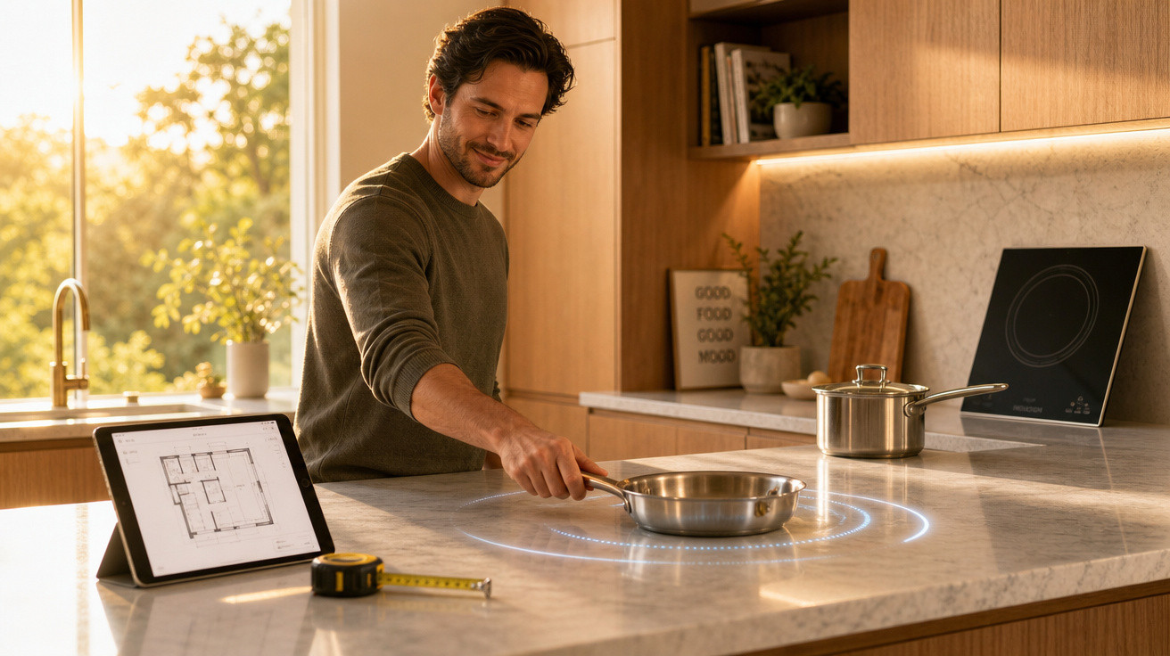 Homem ajusta frigideira em cooktop digital em cozinha moderna com luz natural ao fundo.