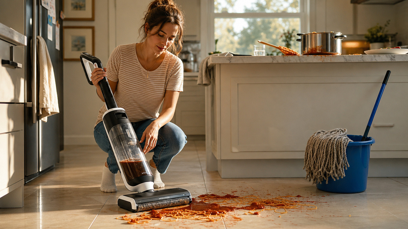 Mulher limpando macarrão e molho derramados no chão da cozinha com aspirador sem fio.