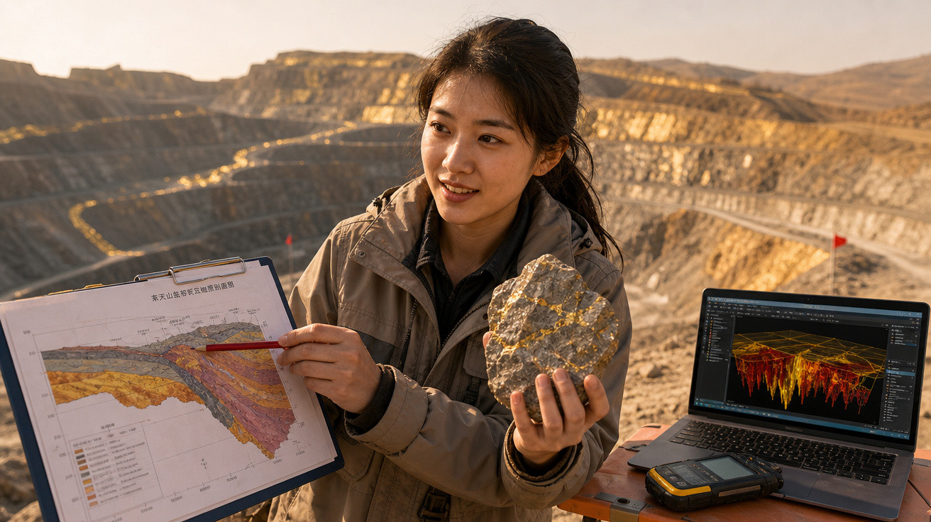 Mulher em mina arqueológica segurando rocha e explicando mapa geológico com laptop ao lado.