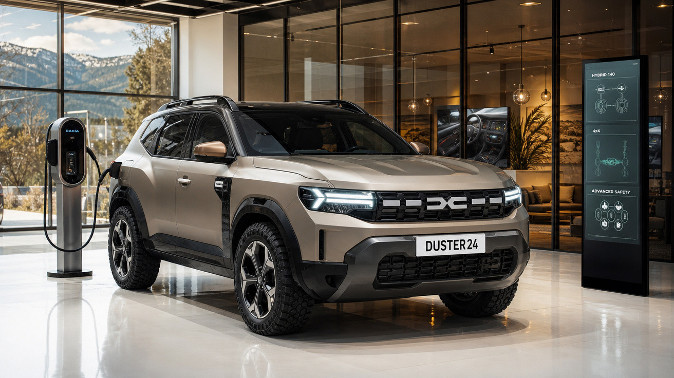 SUV Duster 2024 prata carregando em estação elétrica dentro de showroom moderno com montanhas ao fundo.