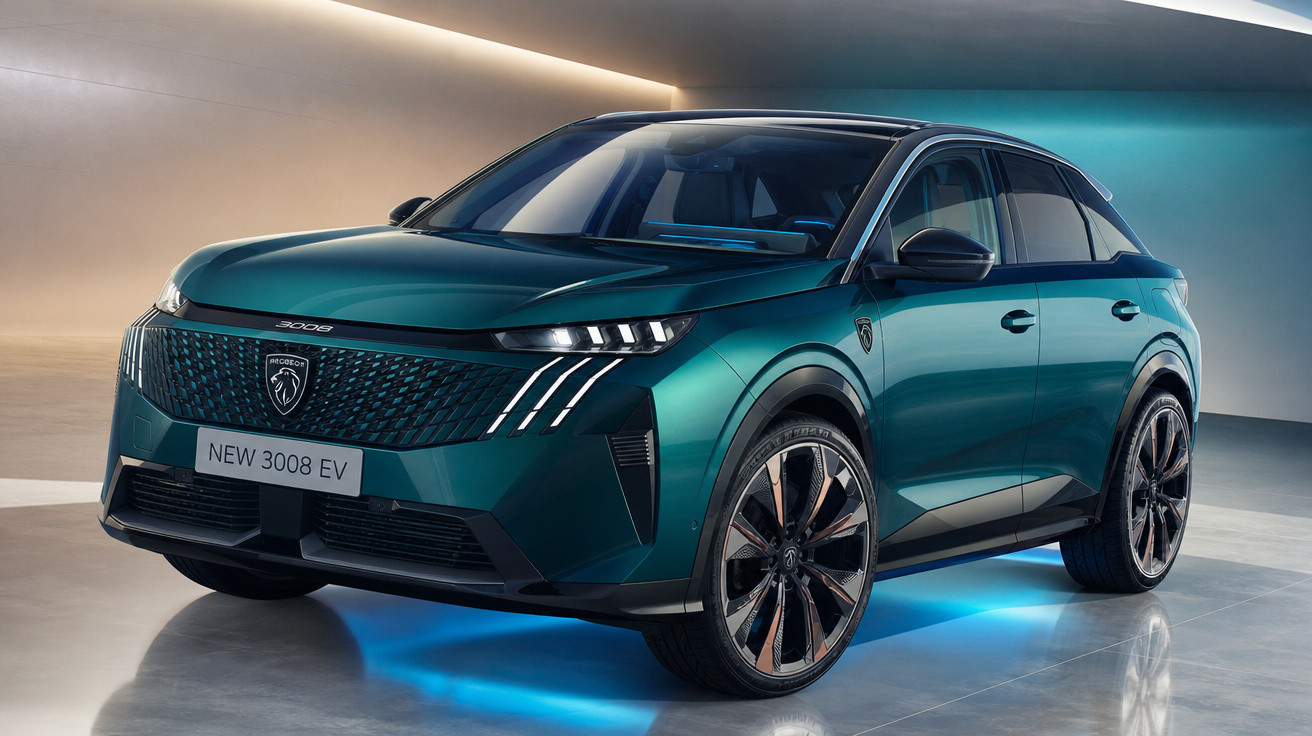 Carro elétrico Peugeot 3008 EV verde metálico em ambiente moderno com iluminação azul.