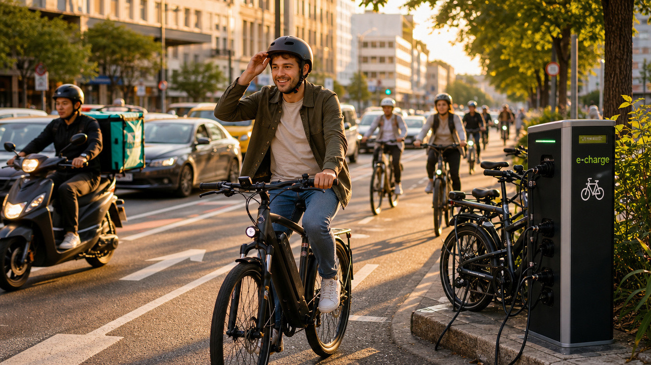 Homem sorridente andando de bicicleta elétrica em ciclovia urbana ao entardecer, usando capacete.