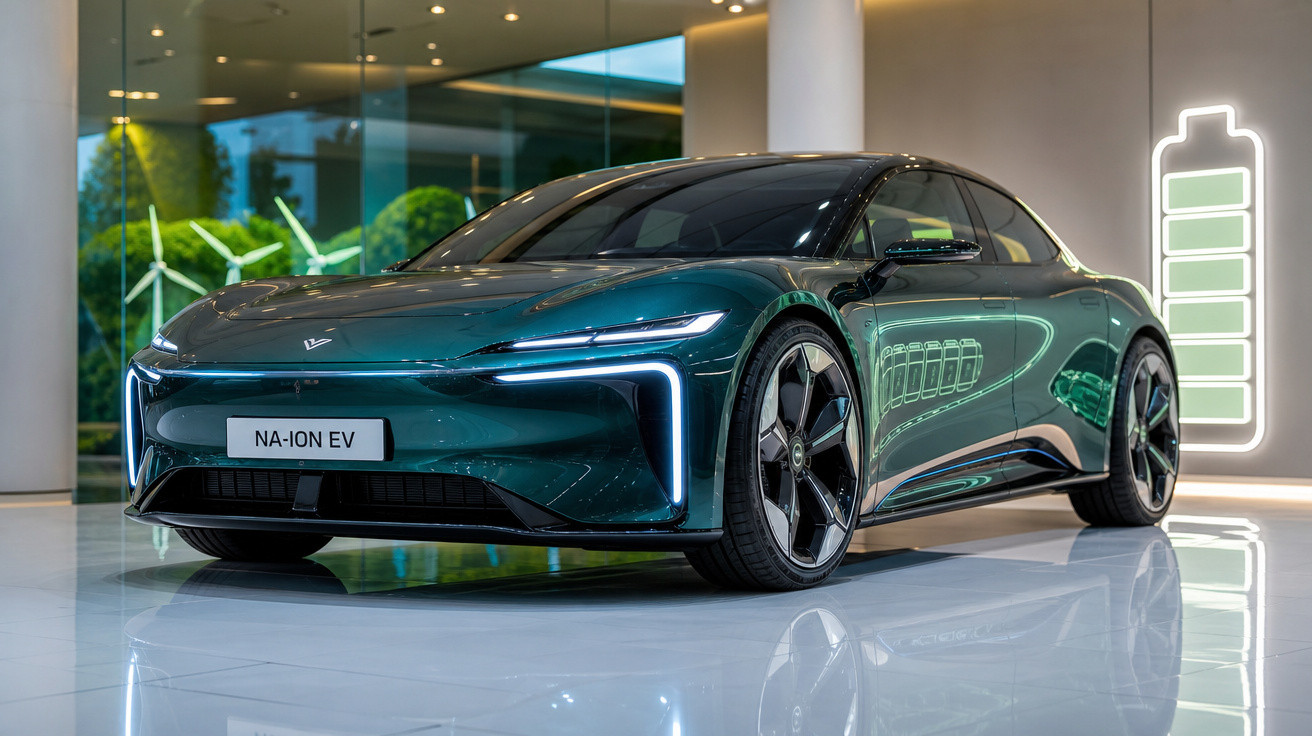 Carro elétrico esportivo verde exibido em showroom moderno com ícone de bateria iluminada ao fundo.