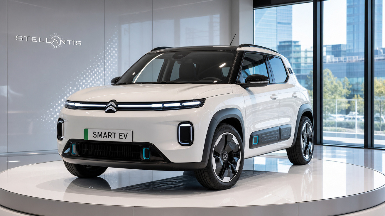 Carro elétrico branco Citroën Smart EV exposto em plataforma giratória em showroom moderno.