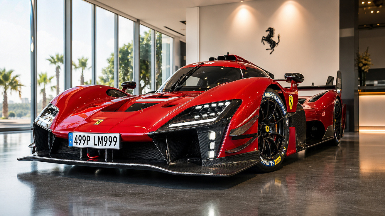 Carro esportivo Ferrari vermelho de alto desempenho em exposição em ambiente interno com piso refletivo.