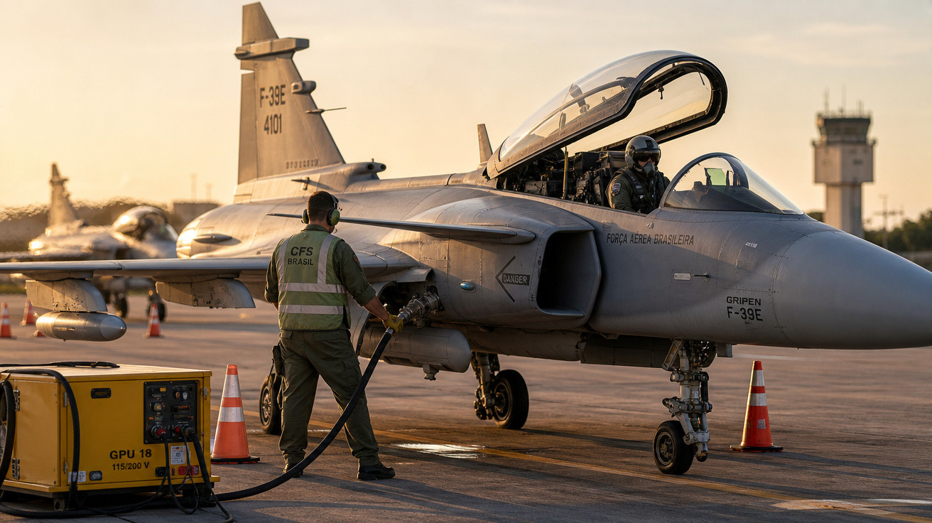 Técnico abastecendo caça Gripen F-39E da Força Aérea Brasileira durante o pôr do sol na pista.