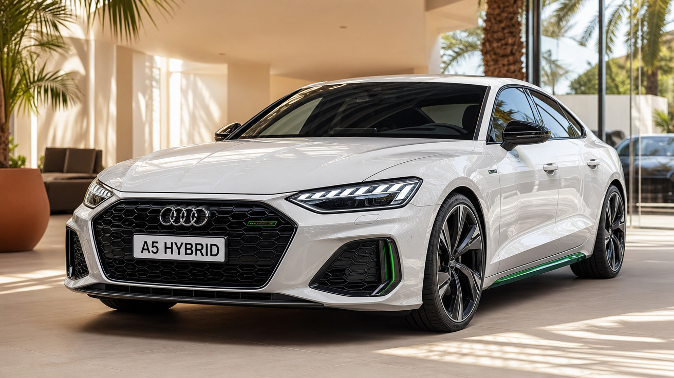 Carro branco Audi A5 Hybrid estacionado em ambiente interno com plantas e luz natural.