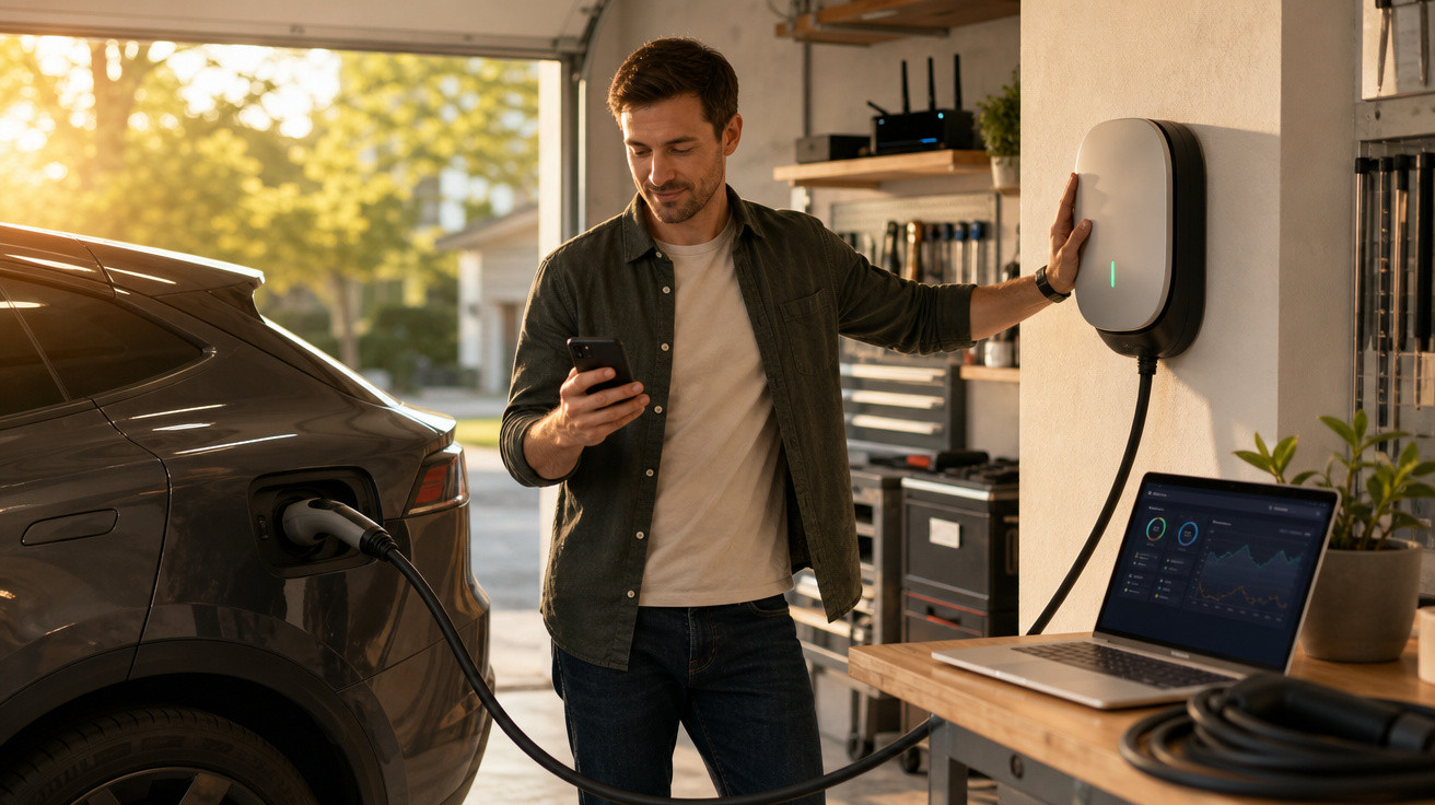 Homem usando celular enquanto carro elétrico é carregado em estação doméstica na garagem.