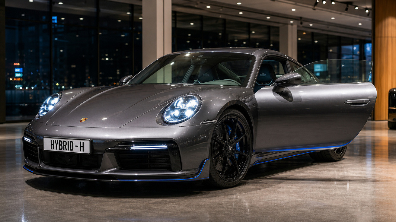 Carro esportivo Porsche cinza com portas abertas em showroom iluminado à noite.