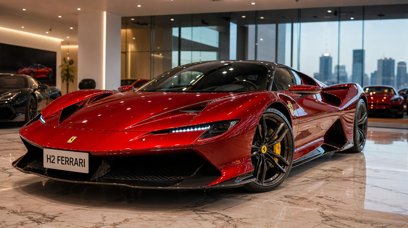 Carro esportivo vermelho Ferrari H2 em showroom moderno com piso de mármore e janelas amplas.