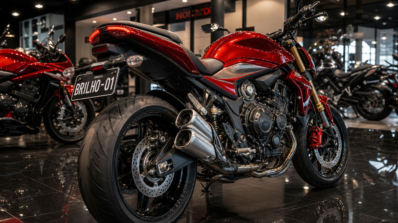 Motocicleta vermelha esportiva em exposição com placa personalizada BRILHO-01 em ambiente interno.