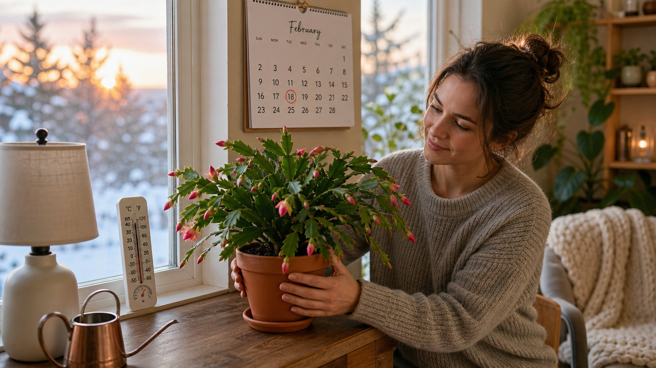 Mulher cuidando de planta florida em vaso dentro de casa próxima à janela ao pôr do sol.