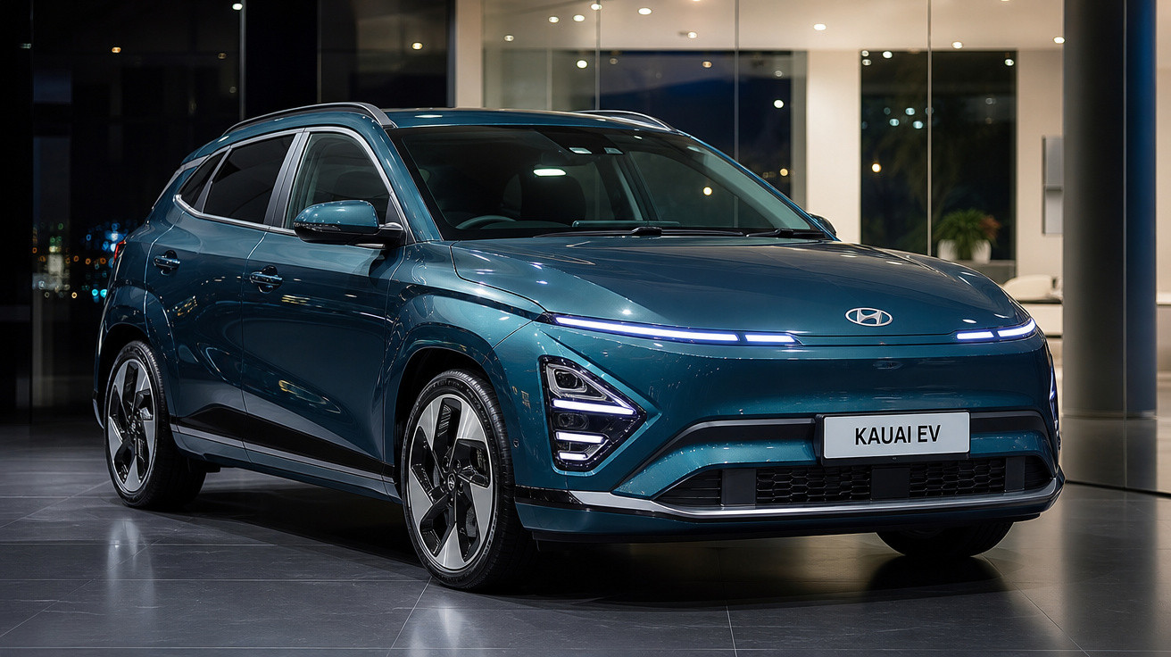 SUV elétrico Hyundai Kauai EV azul exibido em showroom moderno com iluminação destaque.