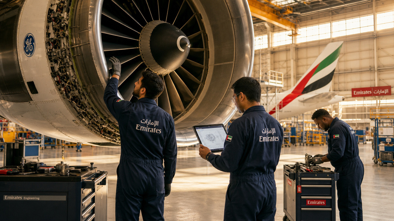 Técnicos da Emirates trabalham na manutenção de motor de avião dentro de hangar iluminado.
