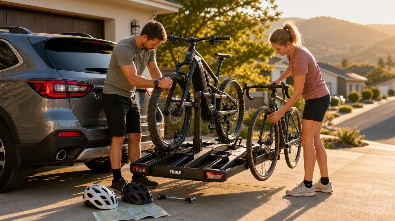 Casal prende bicicletas elétricas em suporte traseiro de SUV em garagem ao pôr do sol.
