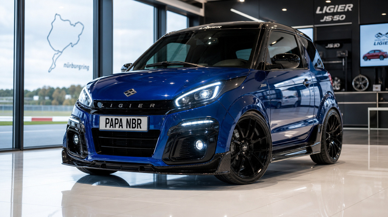 Carro esportivo compacto azul com detalhes pretos exposto em showroom moderno com piso branco.