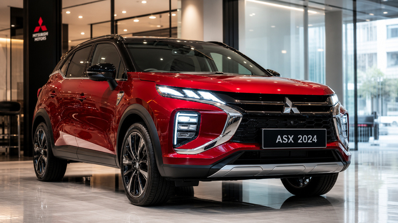Carro Mitsubishi ASX 2024 vermelho em exposição interna com faróis ligados e design moderno.