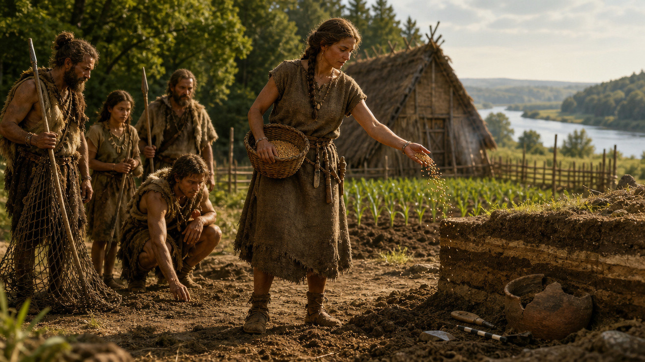 Grupo de pessoas vestidas com roupas rústicas trabalhando e plantando sementes em área rural antiga.
