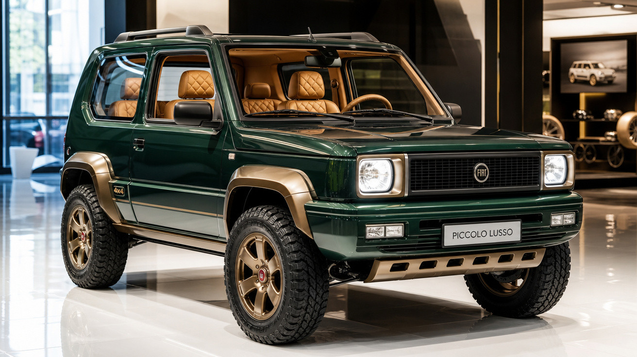 Carro SUV Fiat Piccolo Lusso verde com detalhes dourados e interior de couro marrom em exposição.