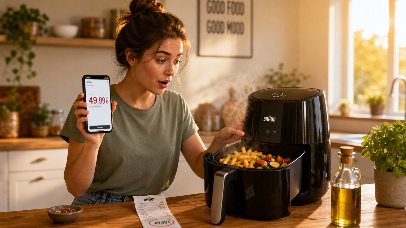 Mulher surpresa mostrando preço no celular enquanto retira batatas e legumes fritos da air fryer preta na cozinha.