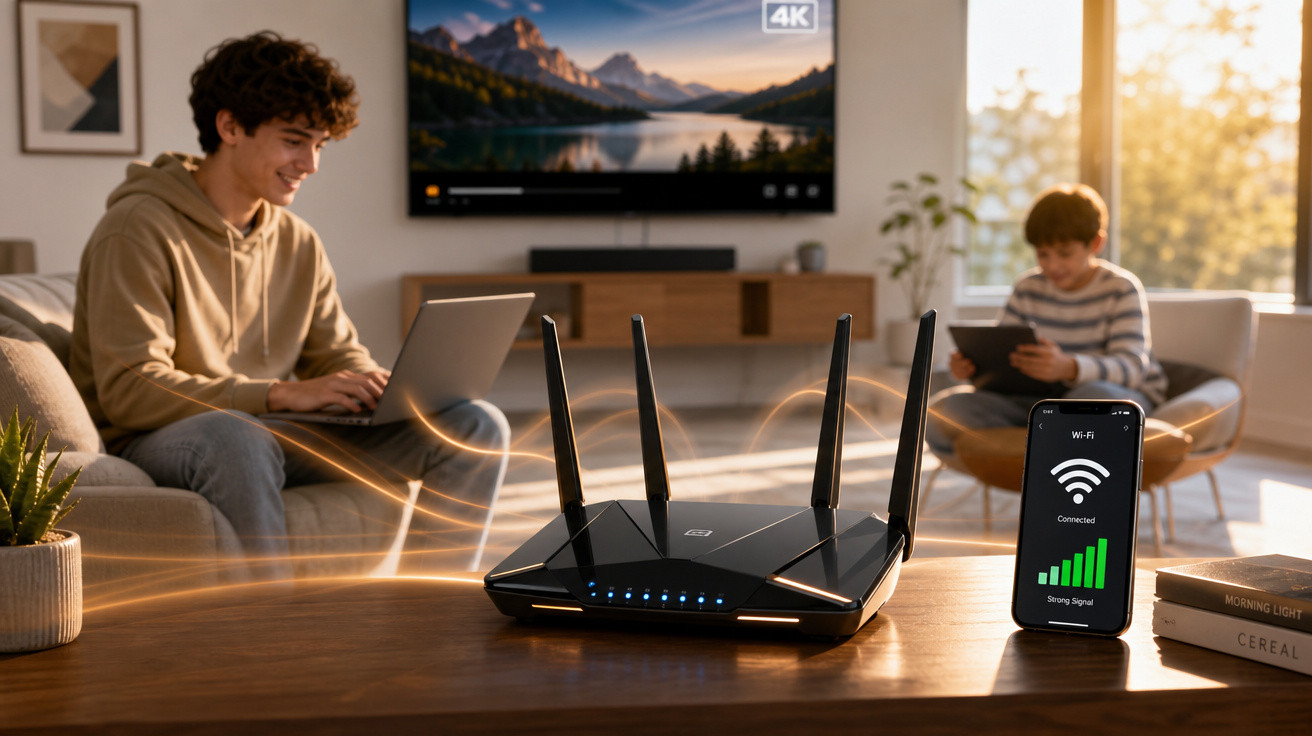Roteador Wi-Fi ligado em mesa com homem usando notebook e criança em tablet ao fundo em sala iluminada.