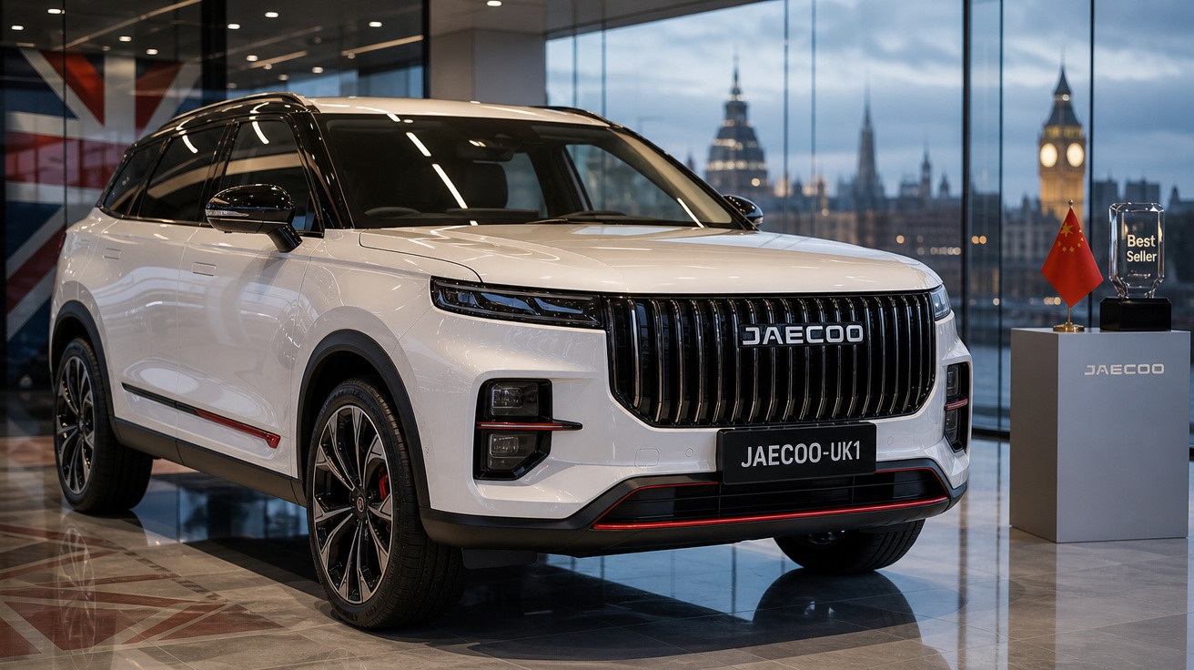 SUV branco Daecoo UK1 estacionado em showroom com vitrôs e vista da cidade ao fundo.