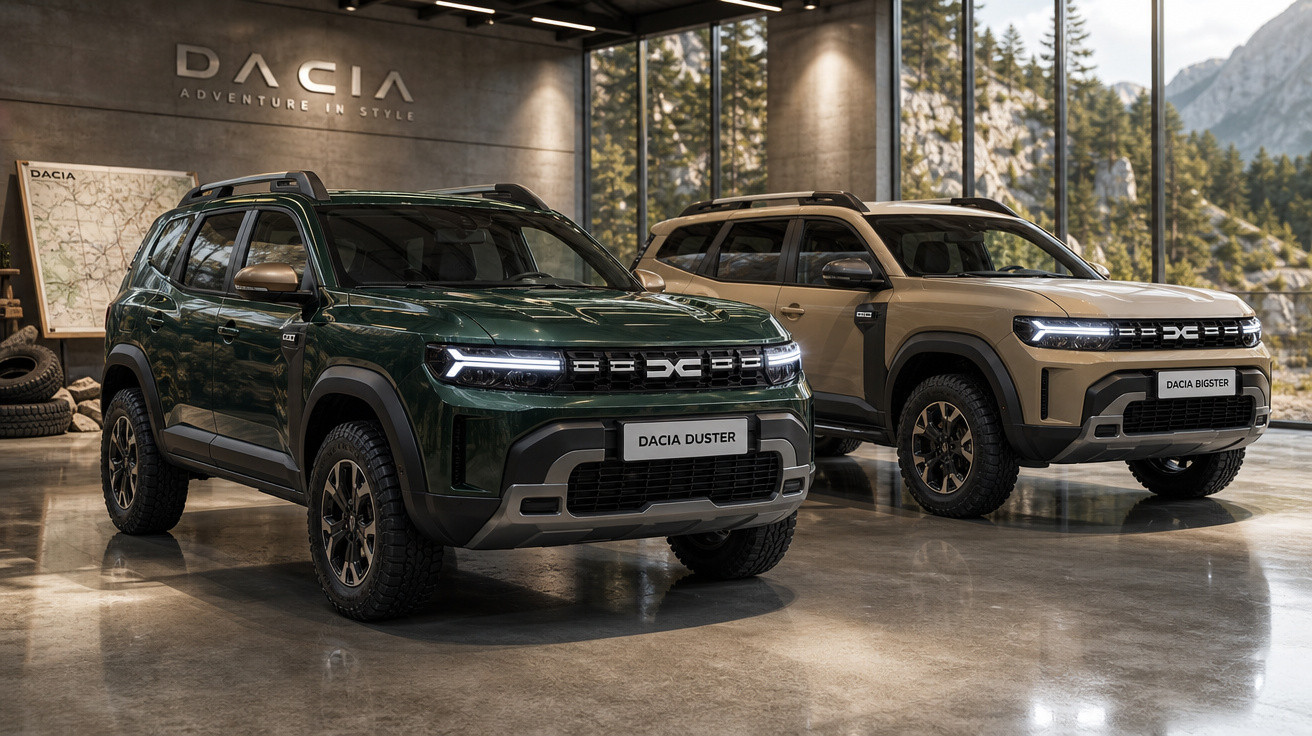 Dois SUVs Dacia Duster em exposição dentro de showroom moderno com grandes janelas e vista para árvores.