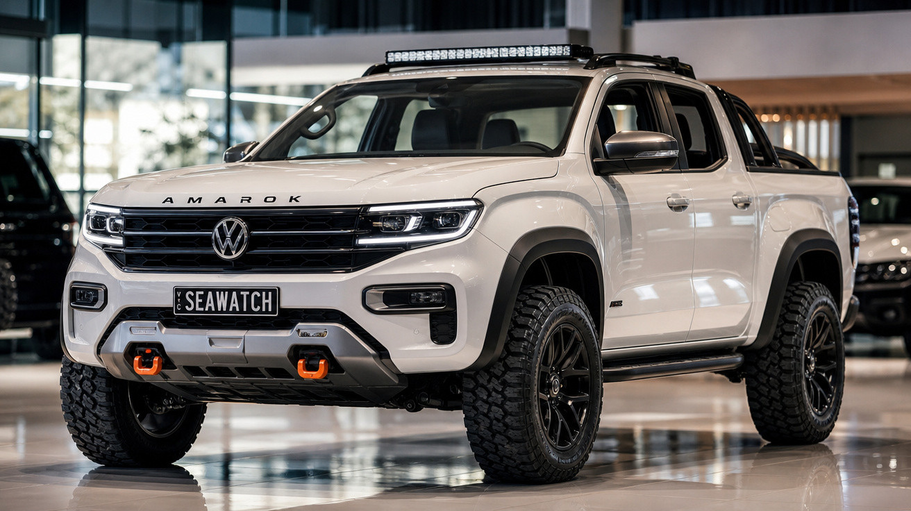 Picape Volkswagen Amarok branca com off-road, gancho de reboque laranja e barra de luz no teto.