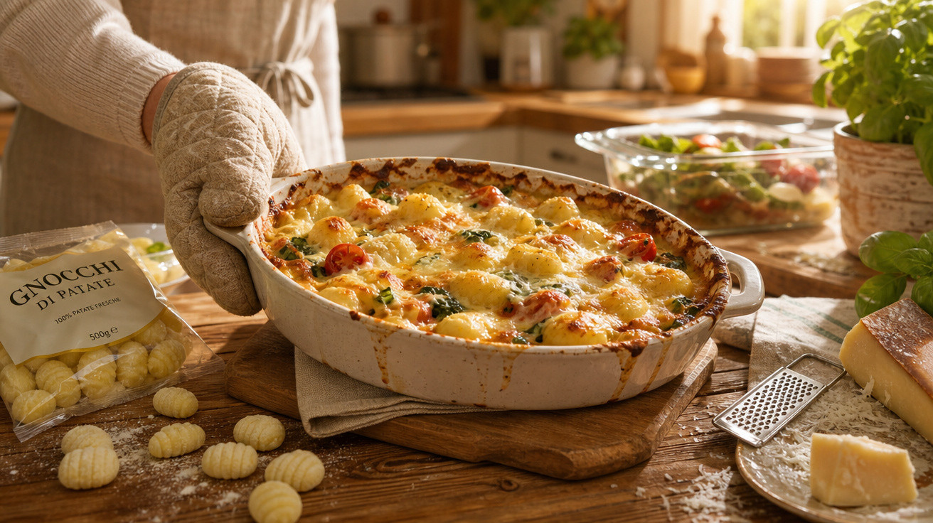 Mãos com luva de forno seguram travessa com nhoque gratinado em cozinha iluminada.