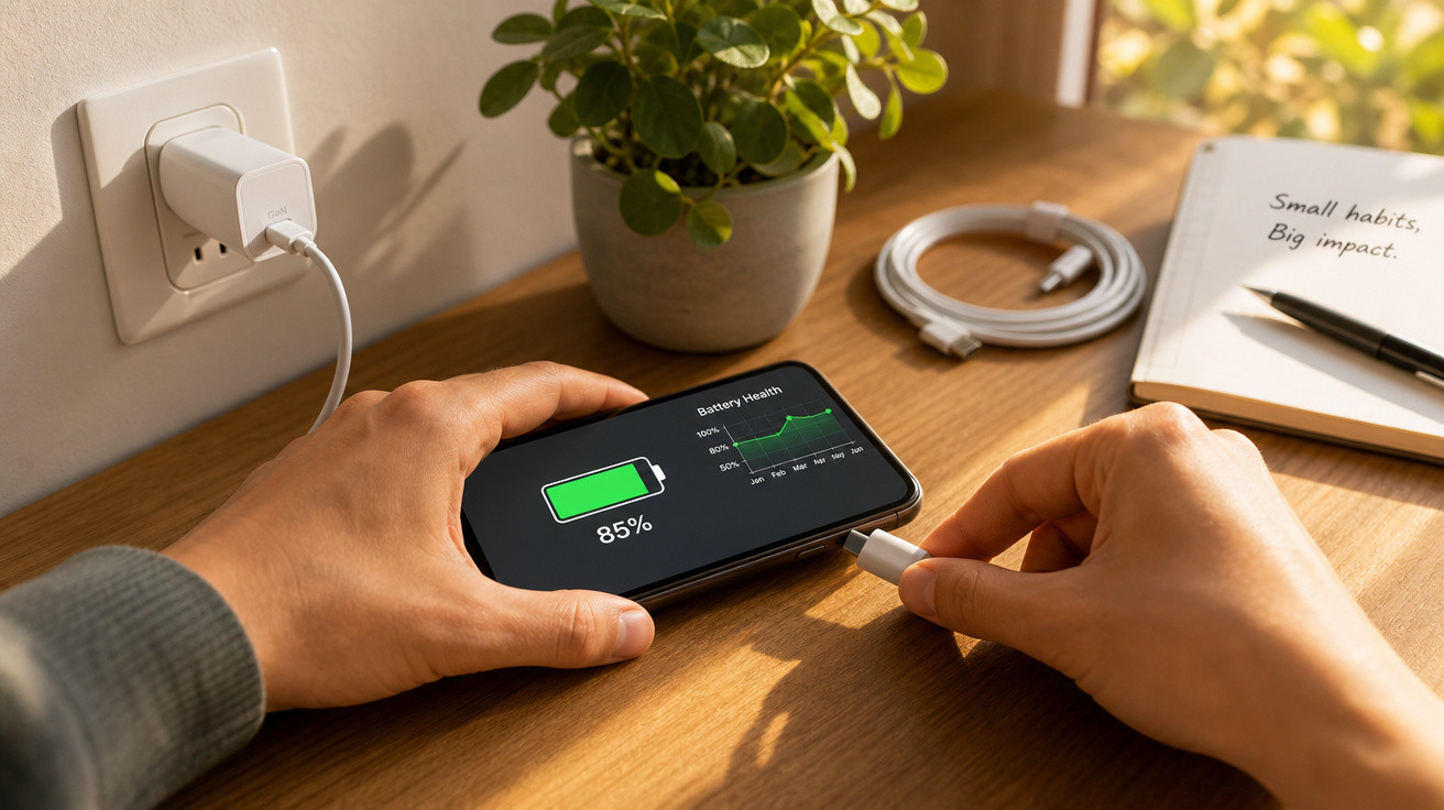 Pessoa conectando cabo USB-C a smartphone com bateria em 85%, em mesa com planta, caderno e caneta ao fundo.