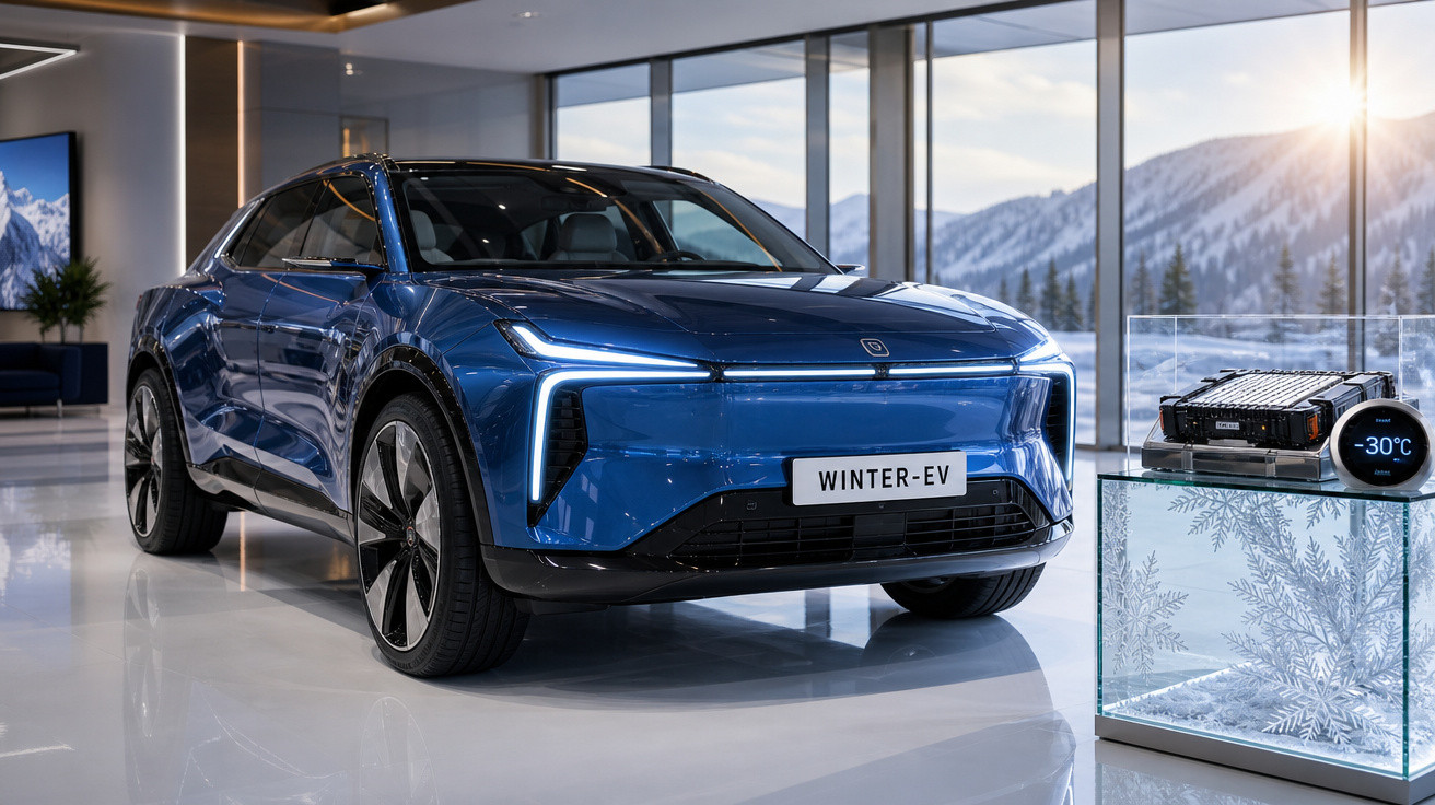 Carro elétrico azul Winter-EV exposto em ambiente moderno com paisagem de montanhas e neve ao fundo.