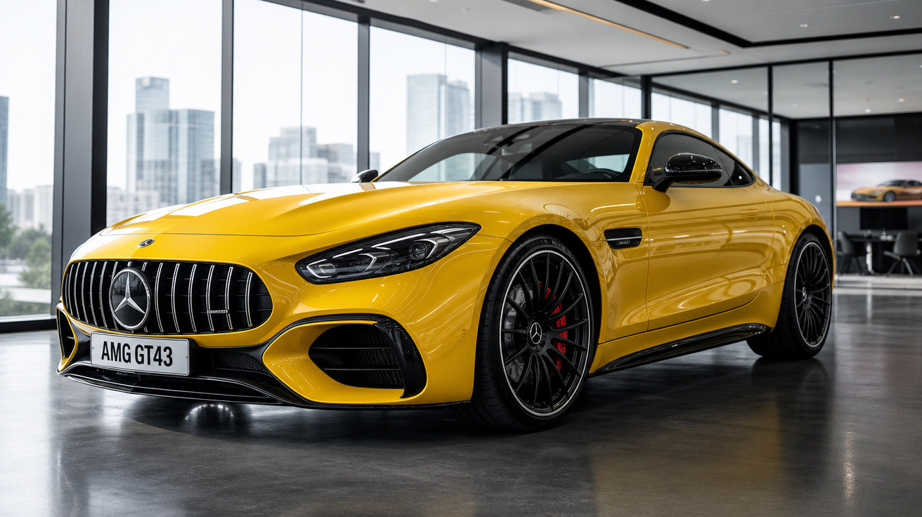 Carro esportivo amarelo Mercedes-AMG GT43 estacionado em showroom moderno com paredes de vidro.